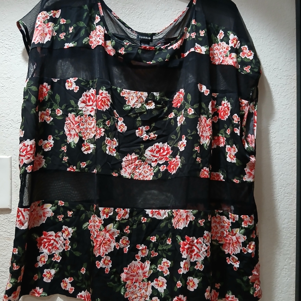 Torrid Black and Pink Graphic Sheer Blouse